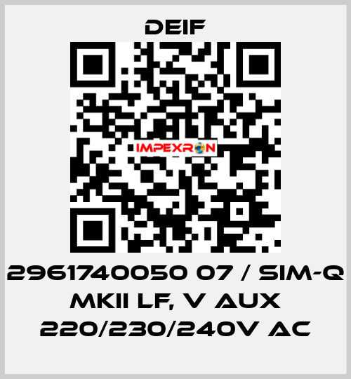 2961740050 07 / SIM-Q MKII LF, V aux 220/230/240V AC Deif